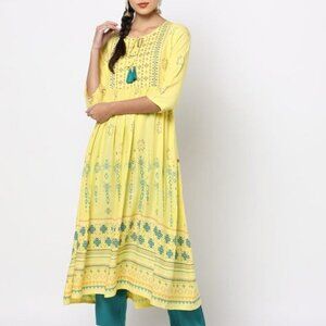 AVAASA Women's Printed Flared Kurta Dress Size 2XL In Yellow